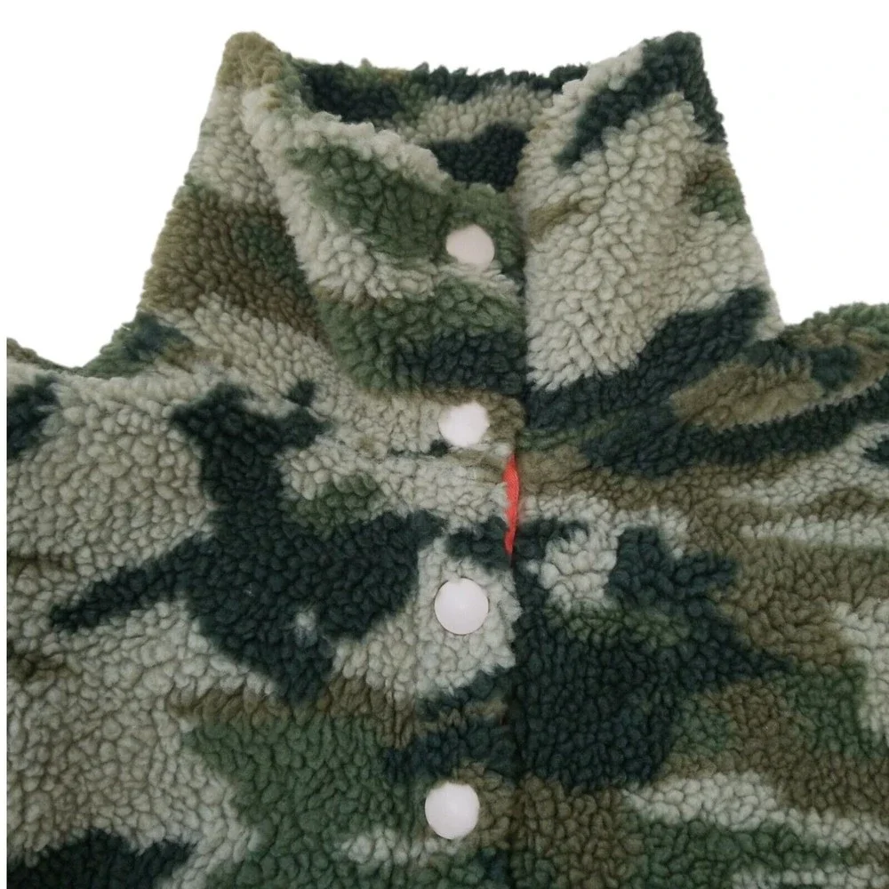 J.CREW Teddy Sherpa Fleece Camo Pullover Jacket Neon Coral Snap Collar Small